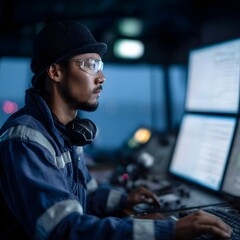 Poster - Technician monitoring real time system load on industrial dashboard