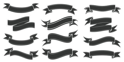 Poster - Collection of twelve dark gray banner designs with varying shapes and ribbon like edges on white background