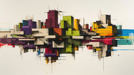 Poster - colorful abstract cityscape with geometric shapes reflecting on surface, showcasing vibrant hues of 