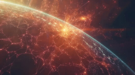 Poster - Stunning cosmic scene depicting glowing particles forming starburst effect around planet, showcasing intricate networks of light and energy in vibrant, otherworldly atmosphere