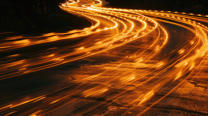 Poster - Image captures vibrant light trails moving through dark environment, creating dynamic and energetic scene. glowing orange lines weave and curve, suggesting motion and speed, evoking sense
