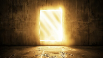 Poster - Glowing portal effect illuminates dark, textured wall, creating mystical atmosphere. light emanates from rectangular opening, suggesting passage to another realm