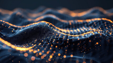 Poster - Digital particle stream flows through glowing tunnel, creating mesmerizing visual effect. waves of light and texture evoke sense of depth and movement, captivating viewer