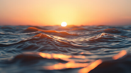 Poster - Serene digital render of ocean waves reflecting warm hues of sunset, creating tranquil atmosphere that evokes feelings of peace and calm