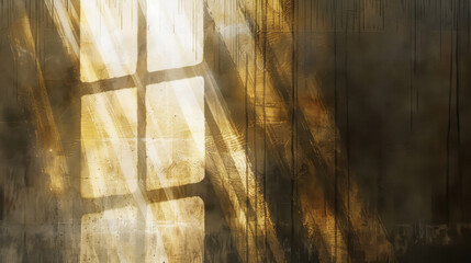 Poster - Soft light beams filtering through window, creating abstract shadows on textured wall, evoking sense of warmth and tranquility in serene environment