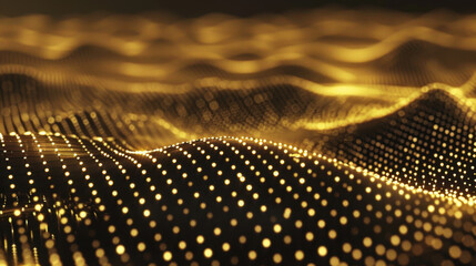 Poster - Digital connections create mesmerizing landscape of golden waves, with floating dots forming intricate patterns that evoke sense of futuristic technology and innovation