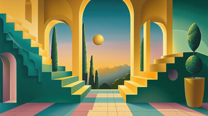 Poster - Vibrant and surreal architectural scene featuring layered stairs, arches, and sunset backdrop. composition includes stylized trees and large sun, evoking sense of tranquility and wonder