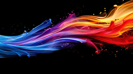 Poster - Fluid colorful streaks splashing and curving like vibrant wave of energy, showcasing blend of blue, pink, red, and yellow hues against dark background, creating dynamic visual experience