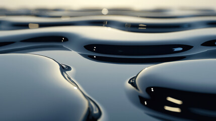 Poster - Smooth, reflective water surface with gentle ripples creating serene atmosphere. light dances across dark liquid, enhancing tranquil beauty of scene