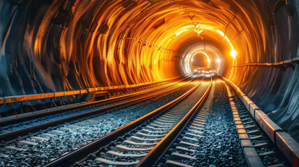 Poster - Mesmerizing view of tunnel illuminated by warm, glowing light, showcasing railway tracks leading into distance. scene evokes sense of adventure and exploration