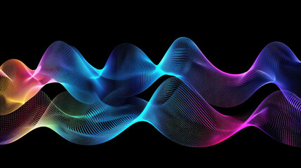 Poster - Multicolor curves forming harmonic abstract waves create vibrant visual experience, showcasing fluid motion and dynamic energy against black background. This design evokes sense of creativity