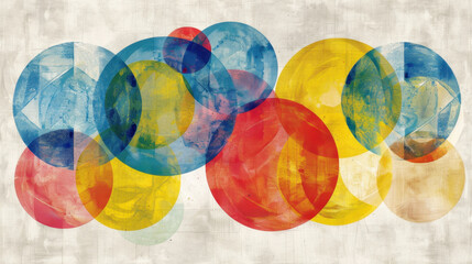 Poster - colorful circles overlap in minimal abstract design, featuring vibrant hues of blue, yellow, red, an
