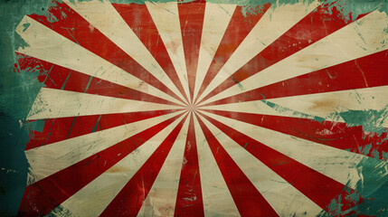 Poster - Radiating starburst pattern in bold red and white colors creates striking visual effect, evoking sense of energy and dynamism. textured background adds depth and character