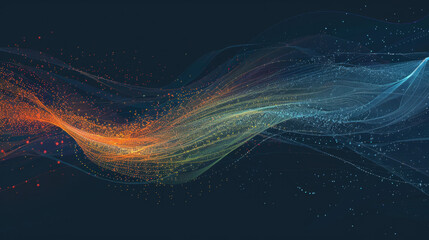 Poster - Swirling colorful particles deep space create dynamic visual effects, showcasing vibrant hues of orange, blue, and green against dark background. ethereal flow evokes sense of movement and energy