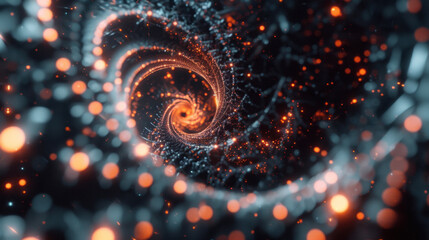 Poster - mesmerizing spiral of glowing particles creates symmetrical abstract kaleidoscope effect, showcasing