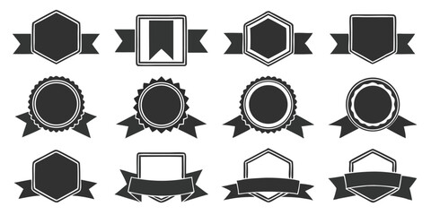 Poster - Collection of twelve black and white badge icons with different shapes and ribbon banners for decoration