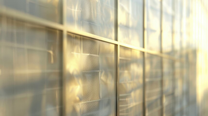 Poster - Close up view of transparent glass panels reflecting soft light, creating warm and inviting atmosphere. interplay of light and texture adds depth and elegance to scene