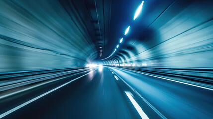 Poster - Dynamic view of tunnel with moving lights creates sense of speed and motion, emphasizing journey through dark passage. illuminated lines guide way forward