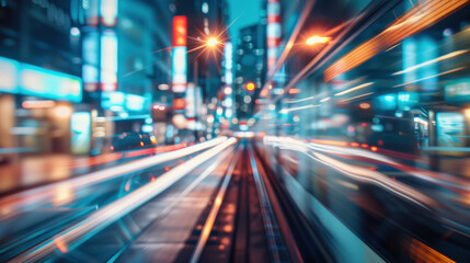 Poster - Vibrant city lights create dynamic scene with blurred motion, showcasing energy of urban life at night. colorful reflections and light trails evoke sense of excitement and movement