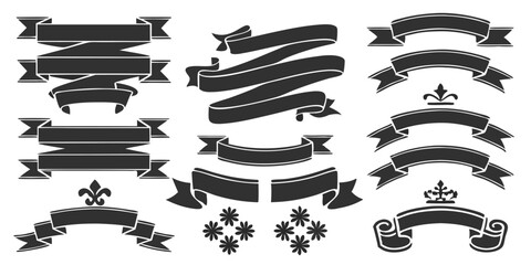 Poster - Collection of decorative black banners and floral elements on a white background for design use