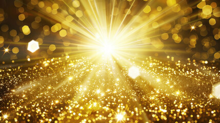 Poster - Radiant burst of golden light illuminates sparkling background filled with shimmering particles, creating magical and enchanting atmosphere. This captivating scene evokes feelings of warmth