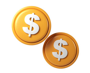 Fototapete - 3d render icon Two golden coins with dollar symbol rotating on transparent background, perfect for financial and business projects