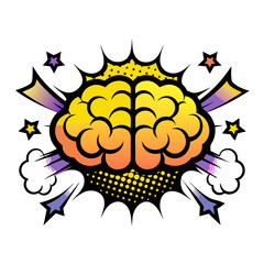 Poster - Cartoon brain exploding with colorful bursts in pop art style, isolated vector image on transparent background    