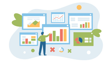 Fototapete - Man presenting data on multiple screens with charts and graphs in a business meeting setting view