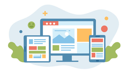 Aufkleber - Illustration of responsive design showing a desktop computer tablet and smartphone screen display layout