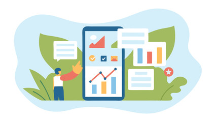 Aufkleber - Person interacting with a smartphone displaying charts and data visualizations interface design style