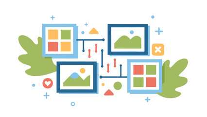 Fototapete - Four framed images connected by lines with various shapes and leaves in a flat vector design style