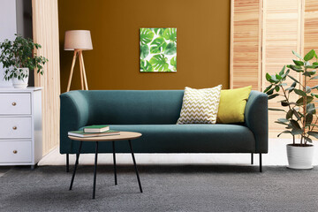 Aufkleber - Stylish living room with comfortable teal sofa and color wall. Interior design
