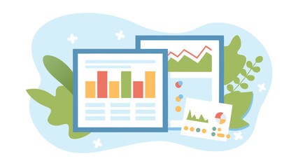 Fototapete - Illustration of data charts and graphs with bar graphs, line graphs, and pie charts on a light blue background