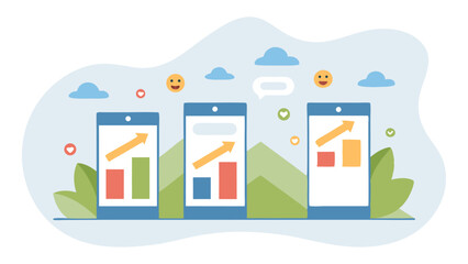 Fototapete - Three smartphones displaying growth charts with upward arrows and positive social media icons