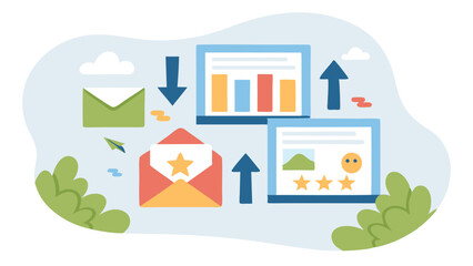 Poster - Illustration showing email marketing with graphs, arrows, and customer feedback on a light blue background