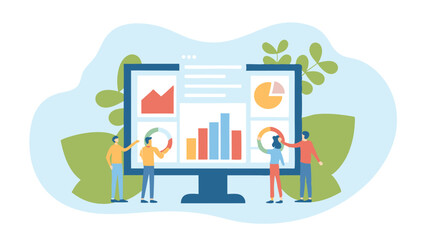 Fototapete - Team analyzing data charts and graphs on a large computer screen with a light blue background design element