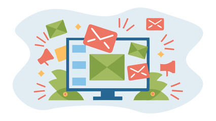 Fototapete - Illustration of a computer screen surrounded by floating envelopes and megaphone icons design concept
