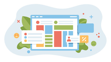 Fototapete - Illustration of a website interface with various elements and icons on a light background design