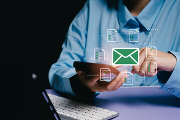 Poster - business Email concept. Hands Using Smartphone with Email Icon and Document Graphics on Table for Communication and Digital Interaction