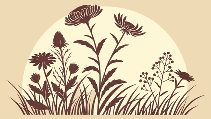 Silhouette illustration of various flowers and plants against a light background in a simple style