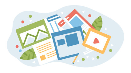 Aufkleber - Illustration of various documents with charts and a video icon on a light blue background