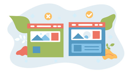 Aufkleber - Comparison of two website designs with different layouts and visual elements side by side in illustration