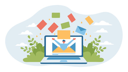 Fototapete - Laptop displaying a man emerging from an envelope with floating mail and surrounding plants and clouds