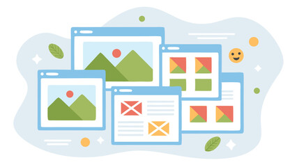 Fototapete - Illustration of multiple open windows displaying various content and design elements shown here