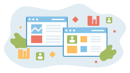 Fototapete - Illustration of two browser windows with charts and profile icons on a light blue background