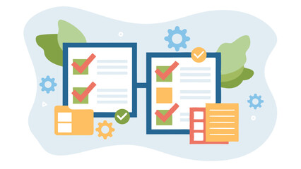 Fototapete - Illustration of connected checklists with checkmarks and gears for process management tasks