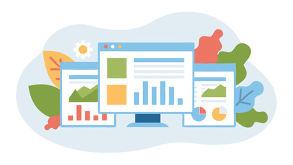 Fototapete - Computer screen displaying charts and graphs with leaves and a flower in the background design