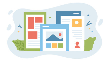 Fototapete - Illustration of three different web page layouts with various content blocks and design elements shown