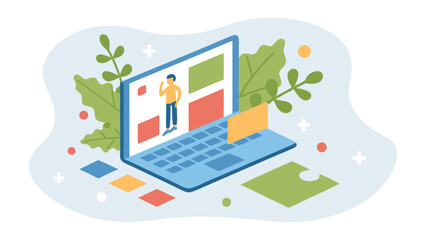 Fototapete - Isometric laptop displaying a person with leaves and colorful squares surrounding it online platform