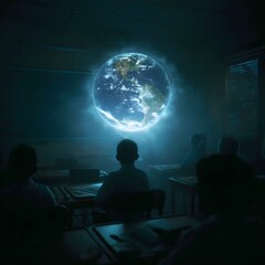 Poster - Futuristic classroom with a holographic climate globe